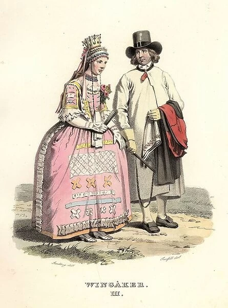 Man and woman in wedding clothes from Vingåker, Södermanland, 'Sandberg  /  Forssell'. Creator: Unknown. Man and woman in wedding clothes from Vingåker, Södermanland, 'Sandberg  /  Forssell'. Creator: Unknown
