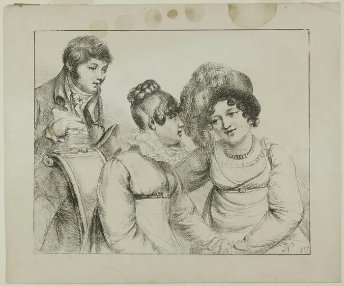Framed Print : Man and Two Women Conversing, 1817. Creator: Vivant Denon Framed Print : Man and Two Women Conversing, 1817. Creator: Vivant Denon