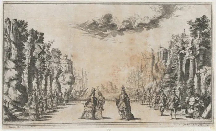 Framed Print : A man and two women conversing at center; young men standing to their right and young wome... 1668. Creator: Mathaus Küsel Framed Print : A man and two women conversing at center; young men standing to their right and young wome... 1668. Creator: Mathaus Küsel