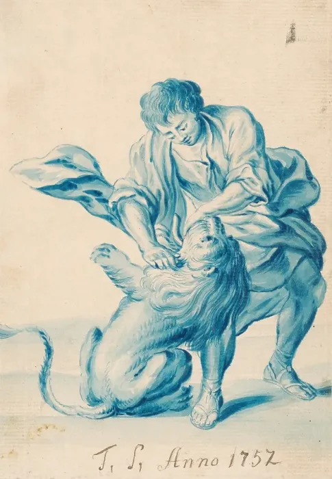 Framed Print : Man wrestling with a lion, 1752. Creator: Judas Thaddeus Supper Framed Print : Man wrestling with a lion, 1752. Creator: Judas Thaddeus Supper