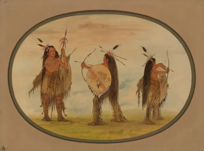 Framed Print : Three Mandan Warriors Armed for War, 1861 / 1869. Creator: George Catlin Framed Print : Three Mandan Warriors Armed for War, 1861 / 1869. Creator: George Catlin