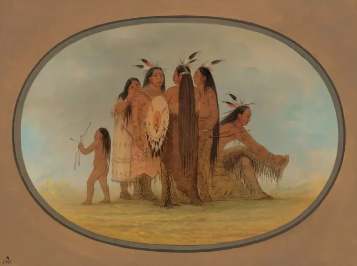 Framed Print : Four Mandan Warriors, a Girl, and a Boy, 1861 / 1869. Creator: George Catlin Framed Print : Four Mandan Warriors, a Girl, and a Boy, 1861 / 1869. Creator: George Catlin
