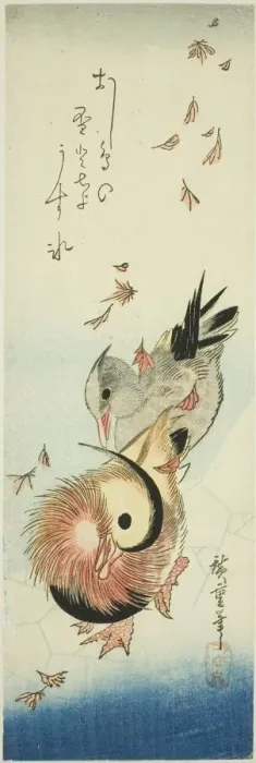 Framed Print : Mandarin ducks crossing icy pond amid falling leaves, 1830s. Creator: Ando Hiroshige Framed Print : Mandarin ducks crossing icy pond amid falling leaves, 1830s. Creator: Ando Hiroshige