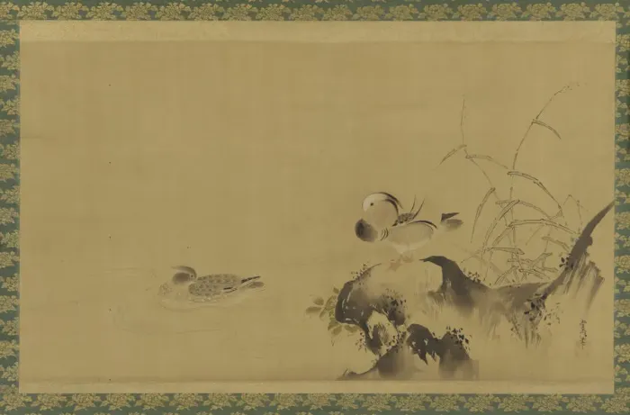Framed Print : Mandarin ducks in a landscape, Edo period, mid 17th-early 18th century. Creator: Kano Yoboku Tsunenobu Framed Print : Mandarin ducks in a landscape, Edo period, mid 17th-early 18th century. Creator: Kano Yoboku Tsunenobu