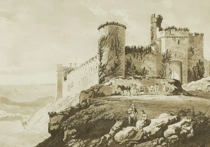 Framed Print : Manerbawr Castle in Pembroke Shire, from Twelve Views in Aquatinta from Drawings taken Framed Print : Manerbawr Castle in Pembroke Shire, from Twelve Views in Aquatinta from Drawings taken