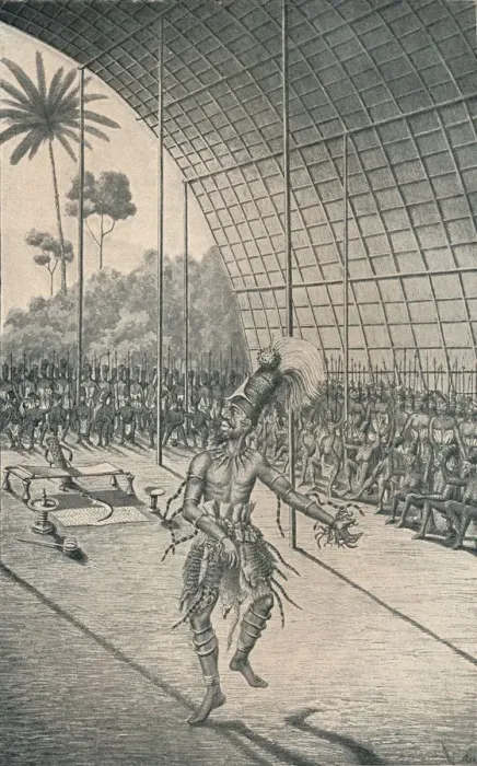 Framed Print : The Mangbattu King Munsa Dances Before His Wives and Warriors, c1870, (1903) Framed Print : The Mangbattu King Munsa Dances Before His Wives and Warriors, c1870, (1903)
