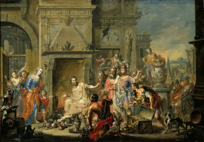 Framed Print : Manius Curius Dentatus refusing the Bribes of the Samnites. Artist: Platzer, Johann Georg (1704-1761) Framed Print : Manius Curius Dentatus refusing the Bribes of the Samnites. Artist: Platzer, Johann Georg (1704-1761)