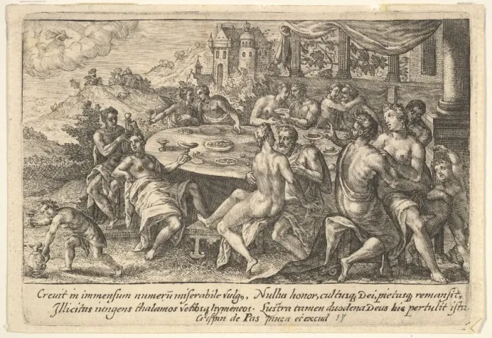 Framed Print : Mankind surrendering to lechery before the Flood: embracing couples on benches around a Framed Print : Mankind surrendering to lechery before the Flood: embracing couples on benches around a