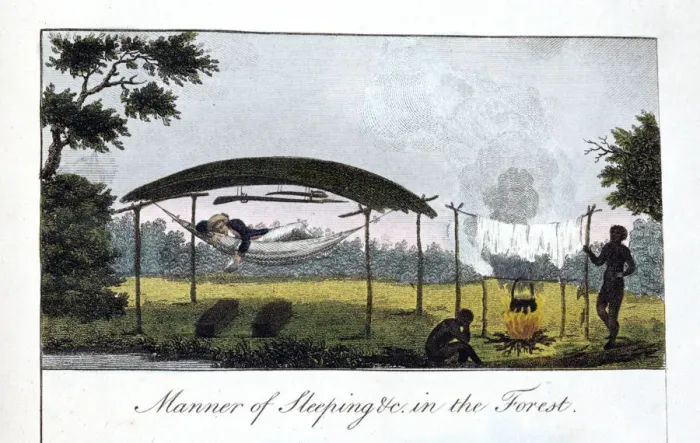 Framed Print : Manner of Sleeping in the Forest, 1813. Artist: John Gabriel Stedman Framed Print : Manner of Sleeping in the Forest, 1813. Artist: John Gabriel Stedman
