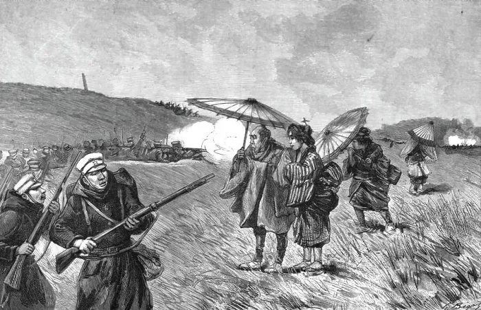 Framed Print : The Manoeuvres of the Japanese Army before His Majesty the Mikado; Peasents caught... 1891. Creator: Unknown Framed Print : The Manoeuvres of the Japanese Army before His Majesty the Mikado; Peasents caught... 1891. Creator: Unknown
