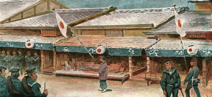 Framed Print : The Manoeuvres of the Japanese Army before His Majesty the Mikado; A Street in Nagoya, 1891. Creator: Unknown Framed Print : The Manoeuvres of the Japanese Army before His Majesty the Mikado; A Street in Nagoya, 1891. Creator: Unknown