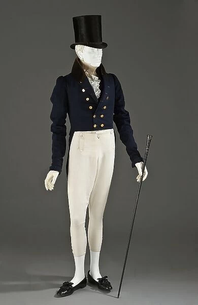 Man's tailcoat, probably England, 1825-1830. Pantaloons: 1825-1850, Stock: c.1830, Top hat: c.1815. Creator: Unknown