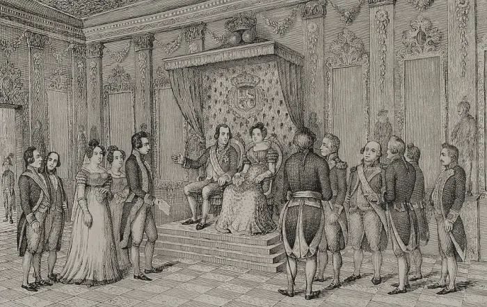 Framed Print : Manuel Godoy in the presence of Charles IV and Maria Luisa of Parma, c1801, (1851). Creator: Unknown Framed Print : Manuel Godoy in the presence of Charles IV and Maria Luisa of Parma, c1801, (1851). Creator: Unknown