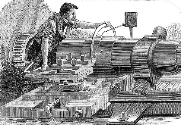 Manufacture of the Armstrong Gun at Woolwich Arsenal: finish-turning a 100-pounder, 1862. Creator: Unknown