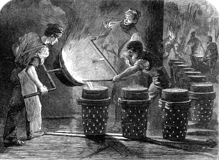 Framed Print : Manufacture of the Armstrong Gun at Woolwich Arsenal: casting the shot and shell for 100... 1862. Creator: W Thomas Framed Print : Manufacture of the Armstrong Gun at Woolwich Arsenal: casting the shot and shell for 100... 1862. Creator: W Thomas
