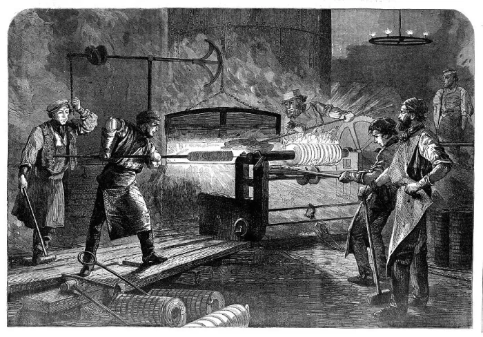 Framed Print : Manufacture of the Armstrong Gun at Woolwich Arsenal: coiling the bars, 1862. Creator: Unknown Framed Print : Manufacture of the Armstrong Gun at Woolwich Arsenal: coiling the bars, 1862. Creator: Unknown