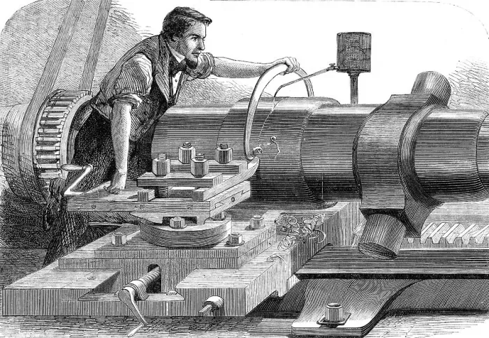 Framed Print : Manufacture of the Armstrong Gun at Woolwich Arsenal: finish-turning a 100-pounder, 1862. Creator: Unknown Framed Print : Manufacture of the Armstrong Gun at Woolwich Arsenal: finish-turning a 100-pounder, 1862. Creator: Unknown