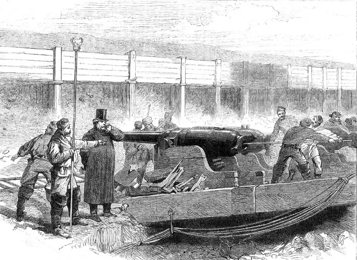 Framed Print : Manufacture of the Armstrong Gun at Woolwich Arsenal: the guns at the proof-butts, 1862. Creator: Unknown Framed Print : Manufacture of the Armstrong Gun at Woolwich Arsenal: the guns at the proof-butts, 1862. Creator: Unknown