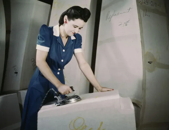 Framed Print : Manufacture of self-sealing gas tanks, Goodyear Tire and Rubber Co. Akron, Ohio, 1941. Creator: Alfred T Palmer Framed Print : Manufacture of self-sealing gas tanks, Goodyear Tire and Rubber Co. Akron, Ohio, 1941. Creator: Alfred T Palmer