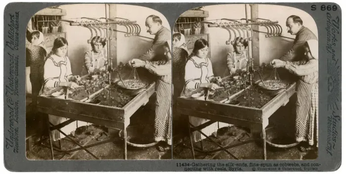 Framed Print : Manufacturing silk, Syria, 1900s. Artist: Underwood & Underwood Framed Print : Manufacturing silk, Syria, 1900s. Artist: Underwood & Underwood