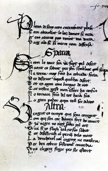 Framed Print : Manuscript by Ausias March, folio XXIX, XXVIII poems, Gothic writing with ornamented