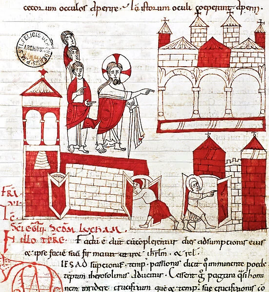 Manuscript called Homiliari de Beda, representing Jesus at the gates of Jerusalem