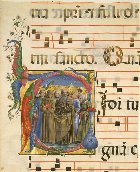 Manuscript Illumination with All Saints in an Initial V, from an Antiphonary, Italian