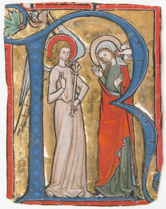 Framed Print : Manuscript Illumination with the Annunciation in an Initial R, from a Gradual, ca Framed Print : Manuscript Illumination with the Annunciation in an Initial R, from a Gradual, ca