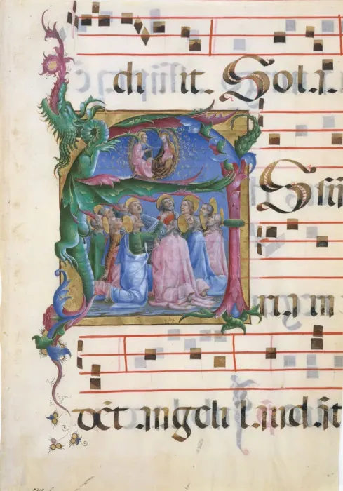 Framed Print : Manuscript Illumination with the Assumption of the Virgin in an Initial A... 1450-60 Framed Print : Manuscript Illumination with the Assumption of the Virgin in an Initial A... 1450-60