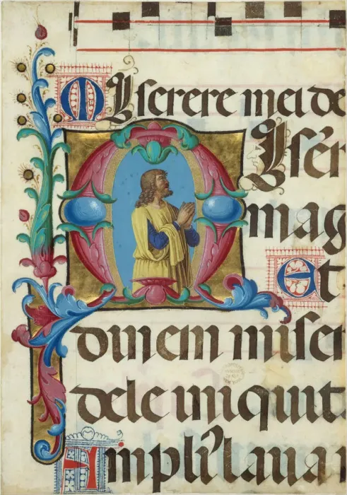 Framed Print : Manuscript Illumination with David in Prayer in an Initial M, from a Psalter, Italian Framed Print : Manuscript Illumination with David in Prayer in an Initial M, from a Psalter, Italian