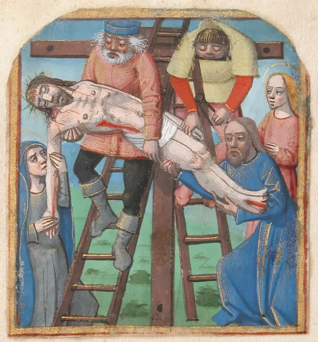 Framed Print : Manuscript Illumination with the Descent from the Cross, from a Book of Hours, late 15th century