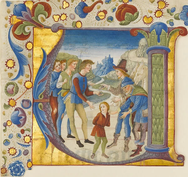 Manuscript Illumination with Joseph Sold by His Brothers in an Initial V... Italian, ca