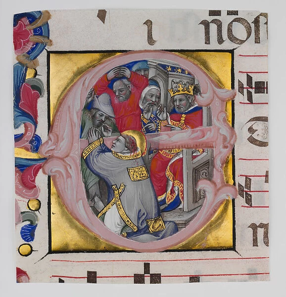Manuscript Illumination with the Martyrdom of Saint Stephen in an Initial E... ca