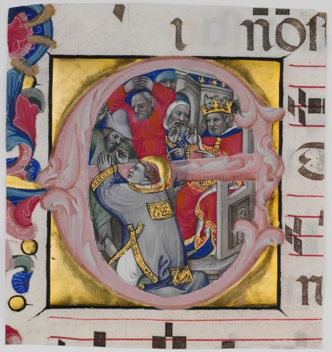 Framed Print : Manuscript Illumination with the Martyrdom of Saint Stephen in an Initial E Framed Print : Manuscript Illumination with the Martyrdom of Saint Stephen in an Initial E