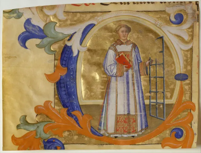Framed Print : Manuscript Illumination with Saint Lawrence in an Initial C, from a Gradual, Italian, ca Framed Print : Manuscript Illumination with Saint Lawrence in an Initial C, from a Gradual, Italian, ca