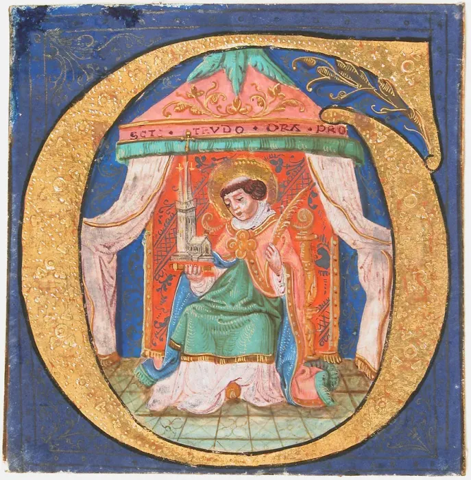 Framed Print : Manuscript Illumination with Saint Trudo (Trond) in an Initial O, from a Choir Book, 15th century Framed Print : Manuscript Illumination with Saint Trudo (Trond) in an Initial O, from a Choir Book, 15th century