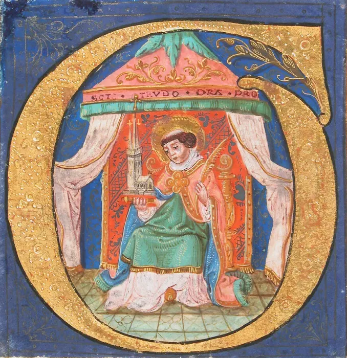 Framed Print : Manuscript Illumination with Saint Trudo (Trond) in an Initial O, from a Choir Book Framed Print : Manuscript Illumination with Saint Trudo (Trond) in an Initial O, from a Choir Book