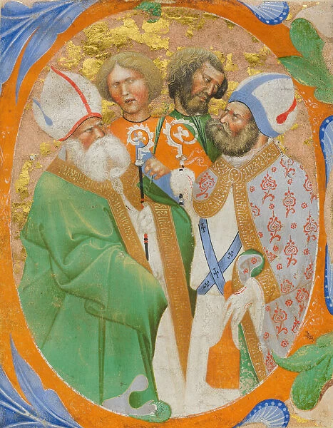Manuscript Illumination with Four Saints in an Initial O, from a Choir Book, Italian
