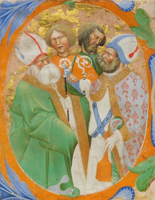 Framed Print : Manuscript Illumination with Four Saints in an Initial O, from a Choir Book, Italian Framed Print : Manuscript Illumination with Four Saints in an Initial O, from a Choir Book, Italian
