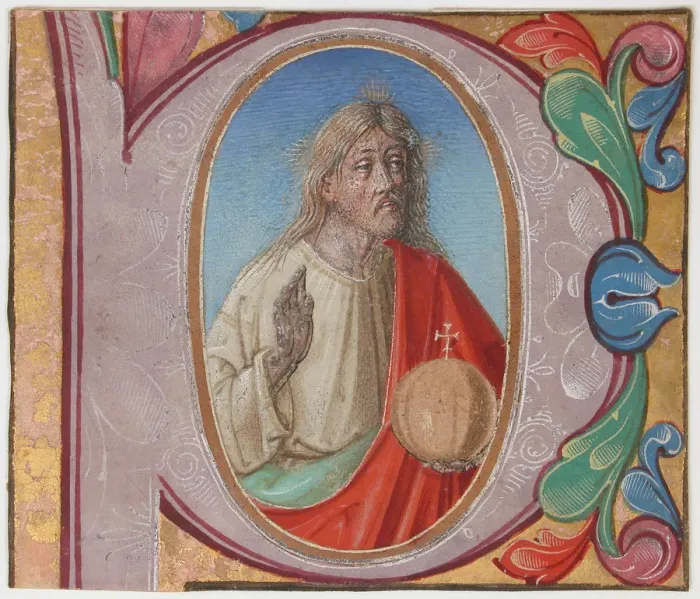 Framed Print : Manuscript Illumination with Salvator Mundi in an Initial P, from a Choir Book, early 16th century Framed Print : Manuscript Illumination with Salvator Mundi in an Initial P, from a Choir Book, early 16th century