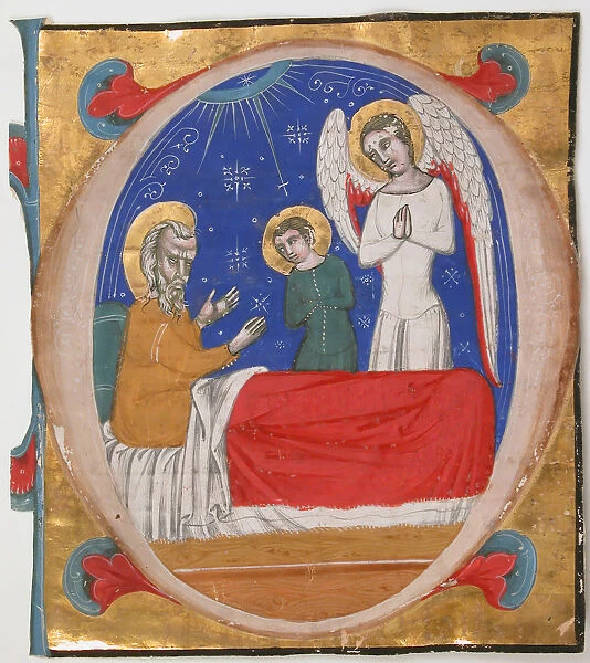 Manuscript Illumination with Tobit, Tobias, and the Archangel Raphael in an Initial O