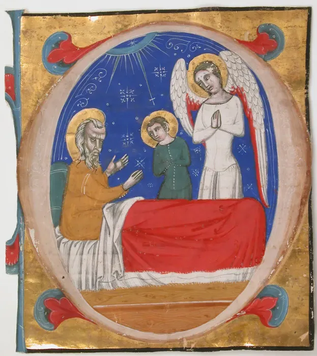 Framed Print : Manuscript Illumination with Tobit, Tobias, and the Archangel Raphael in an Initial O