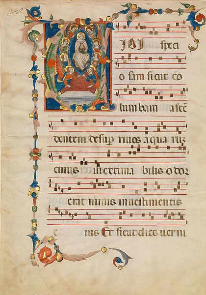 Manuscript Leaf with the Assumption of the Virgin in an Initial V, from an Antiphonary, ca