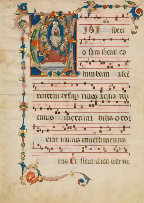 Framed Print : Manuscript Leaf with the Assumption of the Virgin in an Initial V, from an Antiphonary Framed Print : Manuscript Leaf with the Assumption of the Virgin in an Initial V, from an Antiphonary