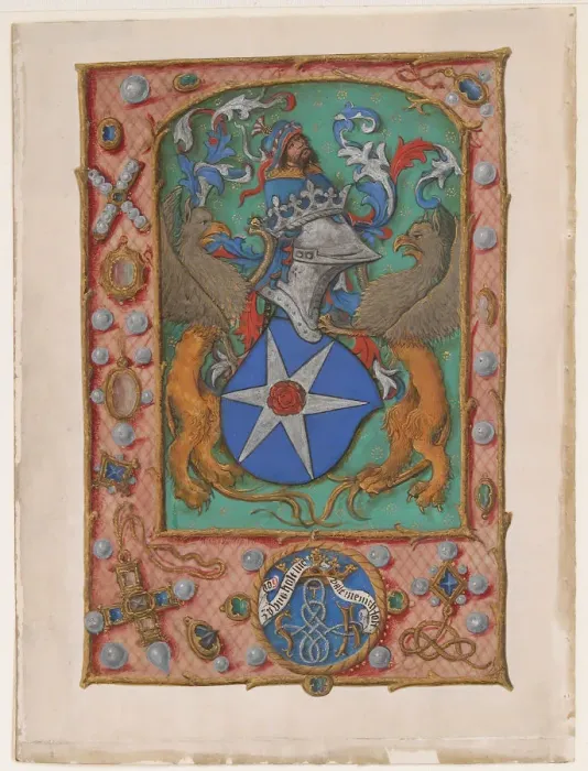 Framed Print : Manuscript Leaf with Coat of Arms, from a Book of Hours, ca. 1500. Creator: Unknown Framed Print : Manuscript Leaf with Coat of Arms, from a Book of Hours, ca. 1500. Creator: Unknown