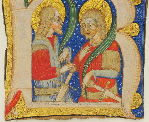Manuscript Leaf Cutting Showing an Illumiated Initial R with St. Protasius and St