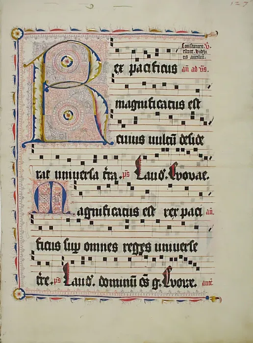 Framed Print : Manuscript Leaf with Initial R, from an Antiphonary, German, second quarter 15th century Framed Print : Manuscript Leaf with Initial R, from an Antiphonary, German, second quarter 15th century