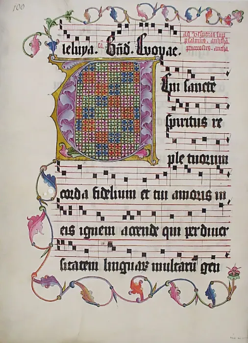 Framed Print : Manuscript Leaf with Initial V, from an Antiphonary, German, second quarter 15th century Framed Print : Manuscript Leaf with Initial V, from an Antiphonary, German, second quarter 15th century