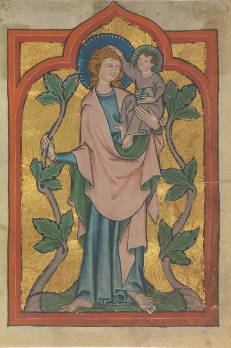 Framed Print : Manuscript Leaf with Saint Christopher Bearing Christ, early 14th century. Creator: Unknown Framed Print : Manuscript Leaf with Saint Christopher Bearing Christ, early 14th century. Creator: Unknown