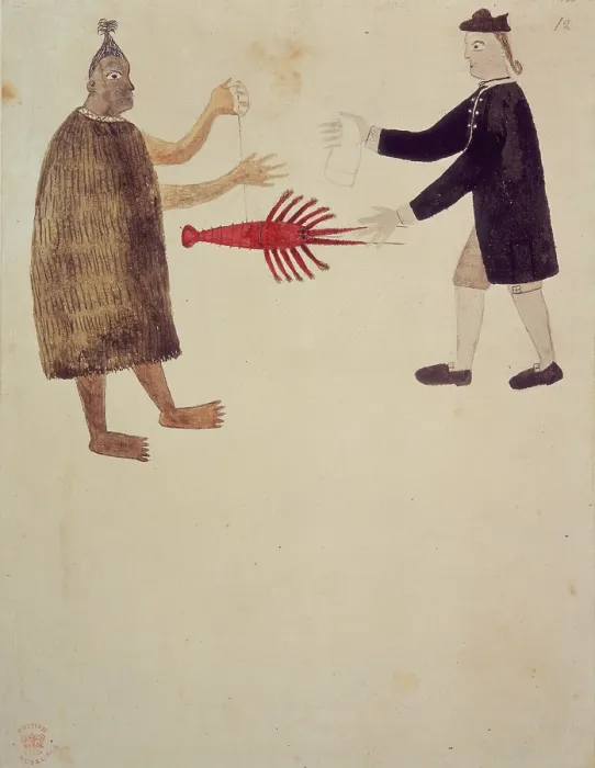 Framed Print : A Maori bartering a crayfish with an English naval officer. 1769. Creator: Sydney Parkinson Framed Print : A Maori bartering a crayfish with an English naval officer. 1769. Creator: Sydney Parkinson
